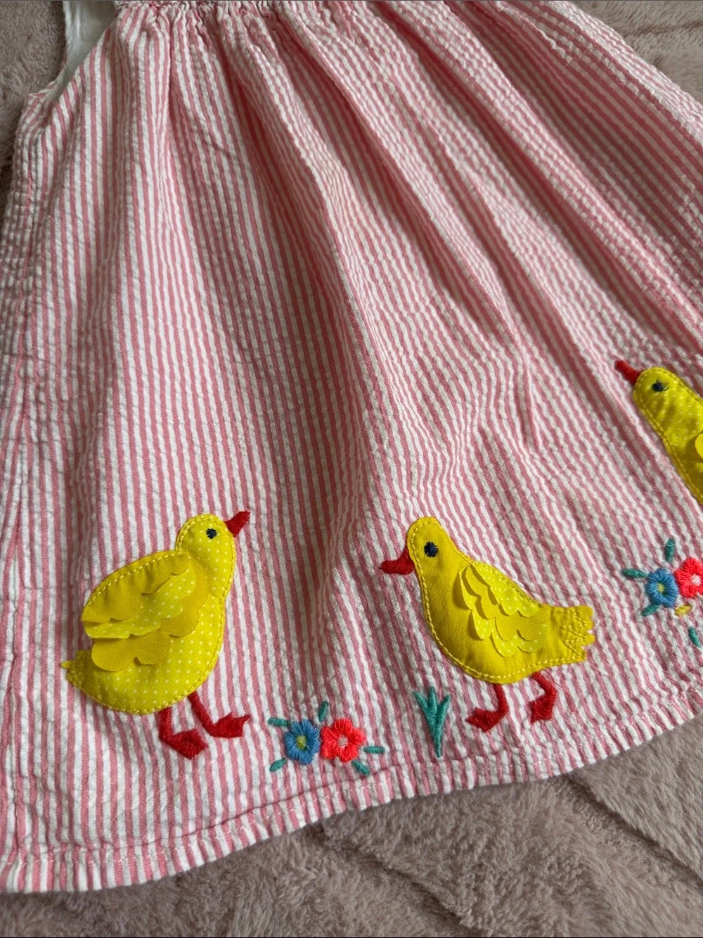 Baby Boden Pink & White Striped Dress with Yellow Chick Appliqués
